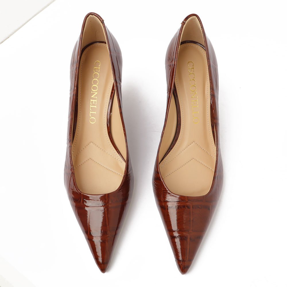 Scarpin Cecconello Salto Anabela Médio Bico Fino Texturizado Marrom 5