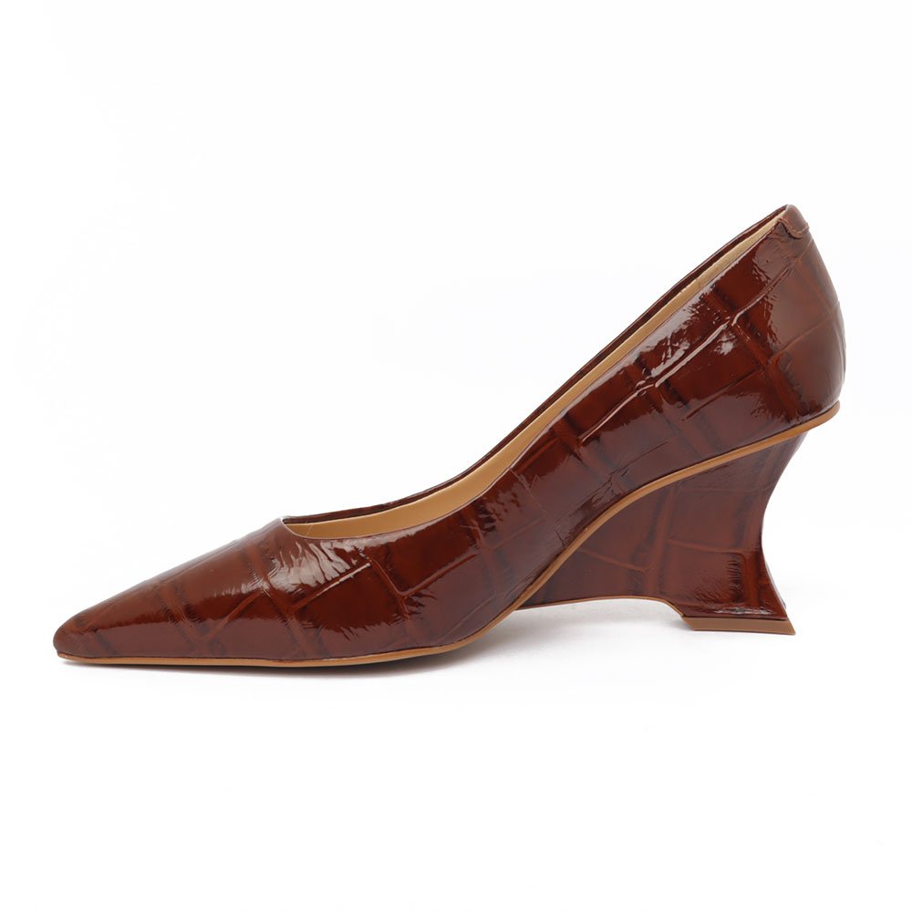 Scarpin Cecconello Salto Anabela Médio Bico Fino Texturizado Marrom 6