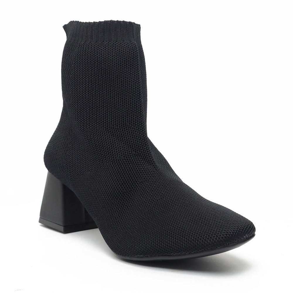 Bota Sapato Da Corte Salto Bloco Médio Knit Bico Quadrado Preto 2