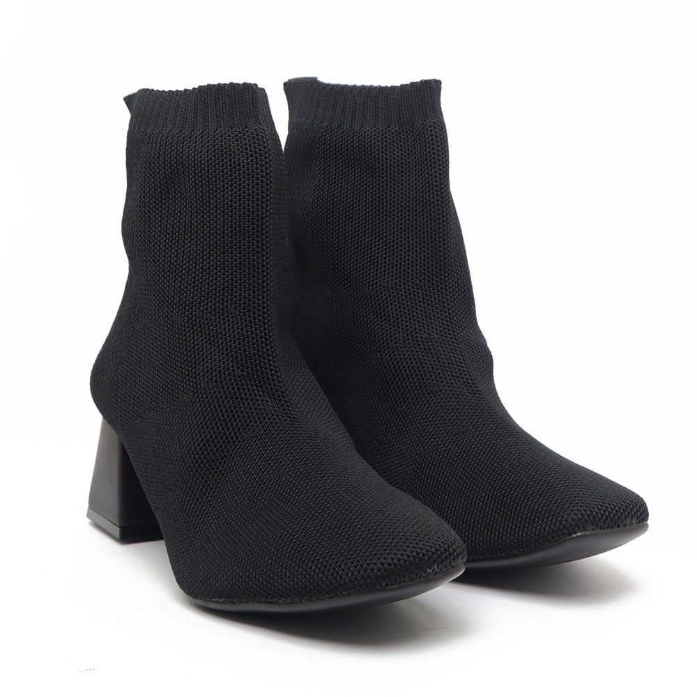 Bota Sapato Da Corte Salto Bloco Médio Knit Bico Quadrado Preto 3