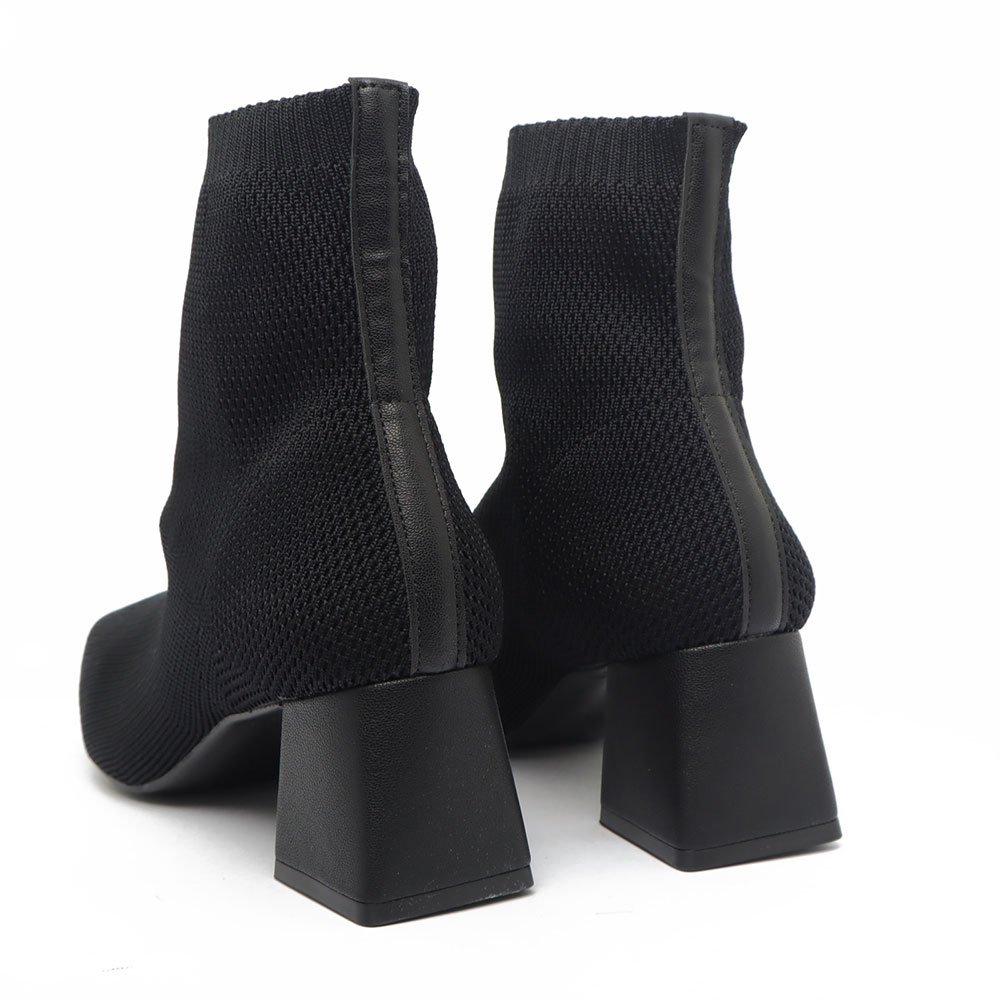Bota Sapato Da Corte Salto Bloco Médio Knit Bico Quadrado Preto 4