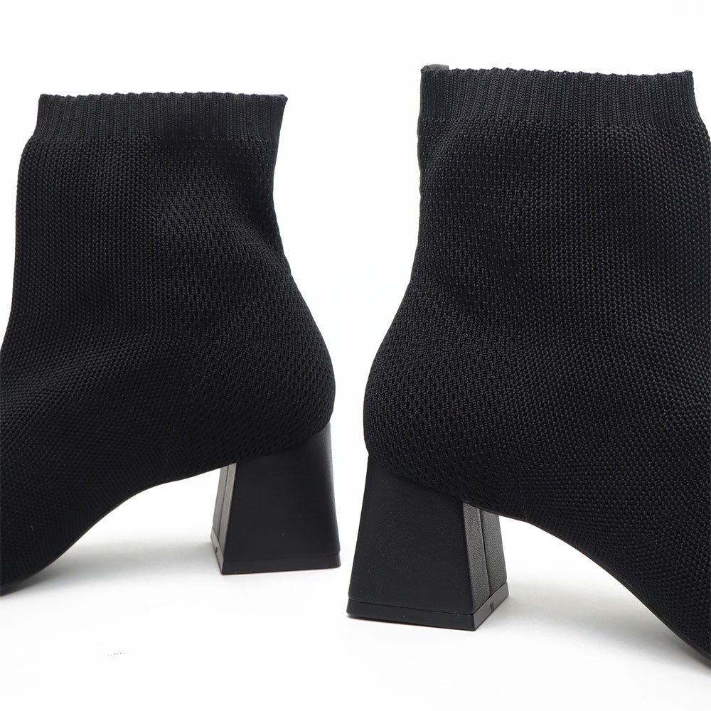 Bota Sapato Da Corte Salto Bloco Médio Knit Bico Quadrado Preto 7