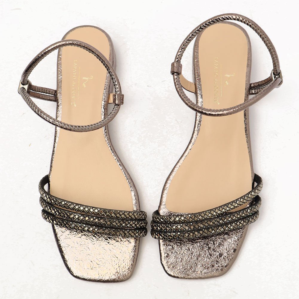 Sandália Flat Sapato da Corte Salto Bloco Baixíssimo Calce Fácil Strass Prata Velho 5