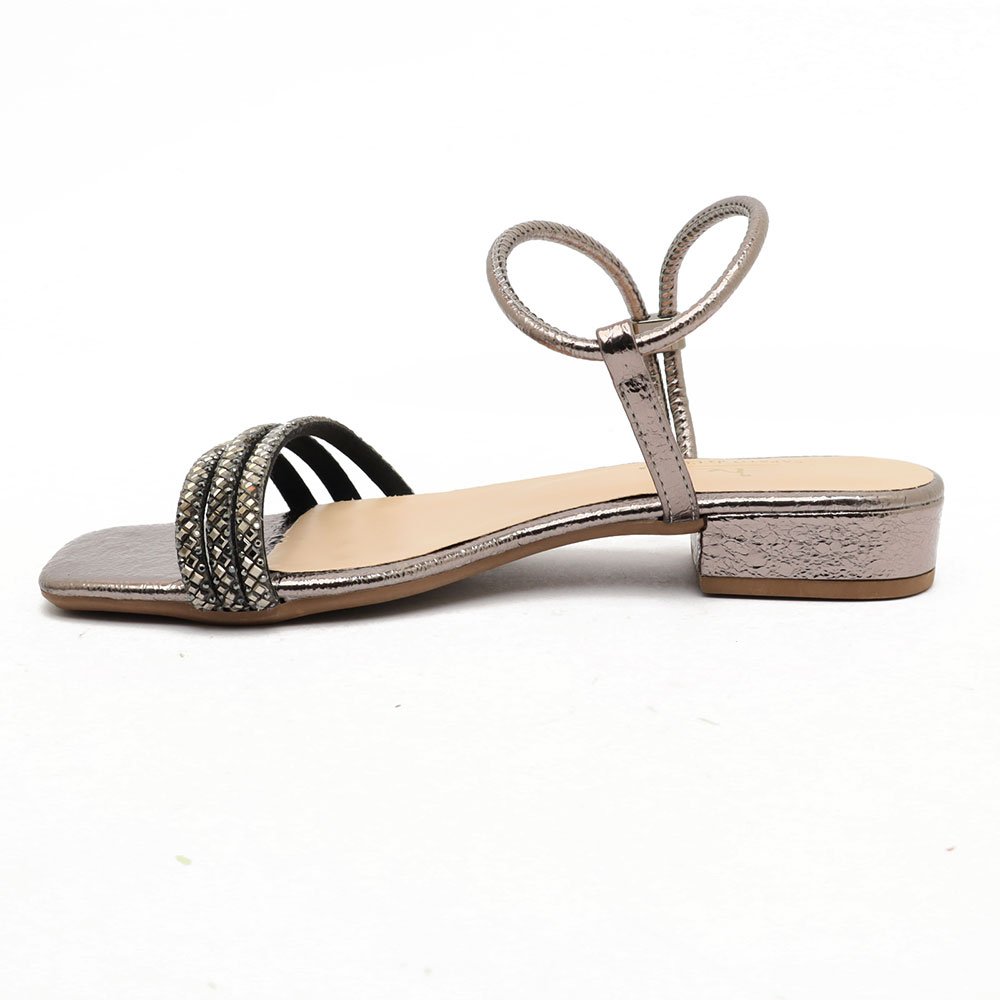 Sandália Flat Sapato da Corte Salto Bloco Baixíssimo Calce Fácil Strass Prata Velho 6