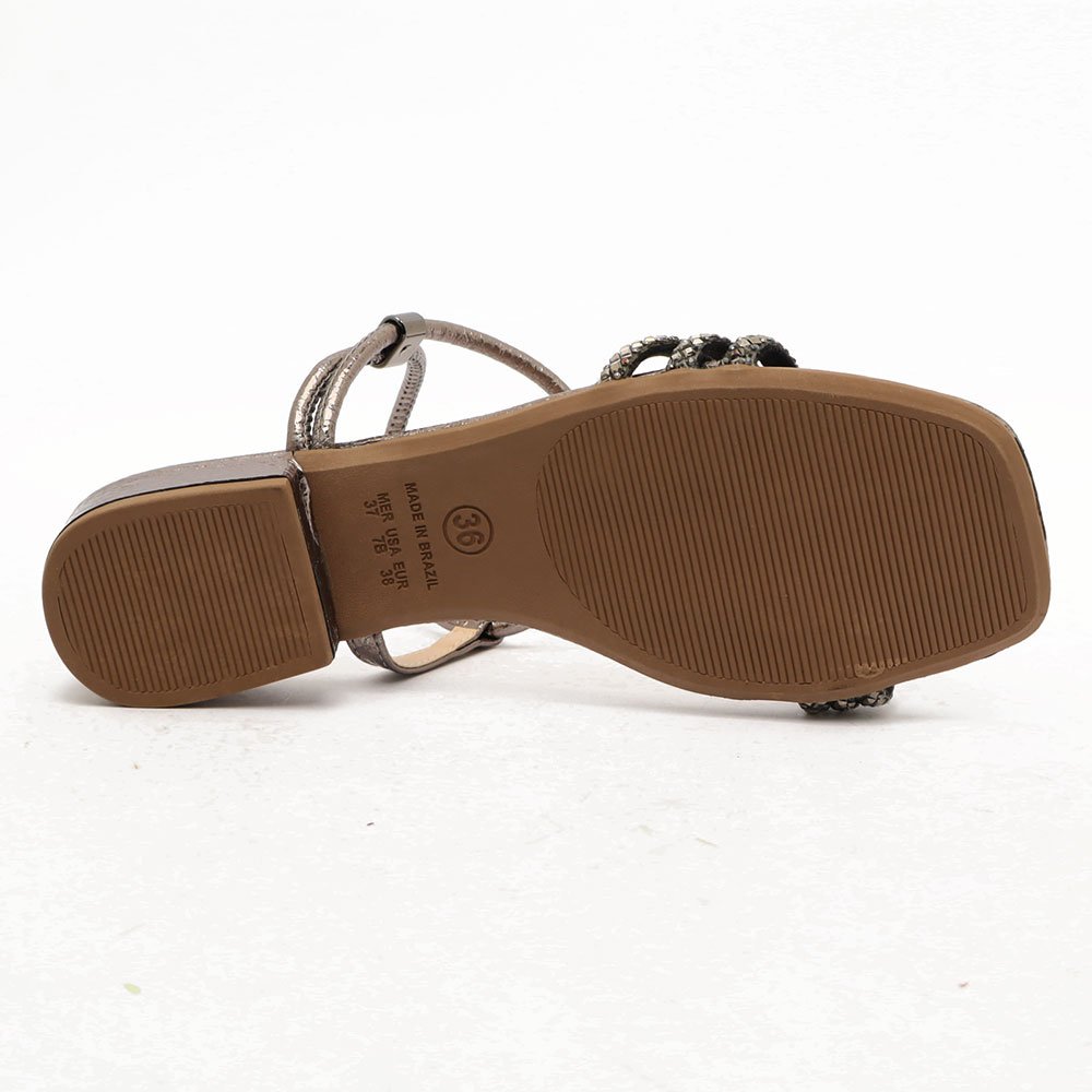 Sandália Flat Sapato da Corte Salto Bloco Baixíssimo Calce Fácil Strass Prata Velho 7