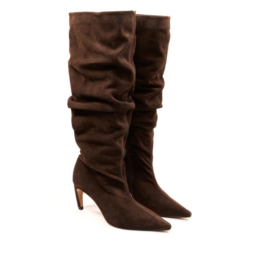 Bota Feminina Cecconello Salto Médio Fino Cano Alto Franzida Marrom 4