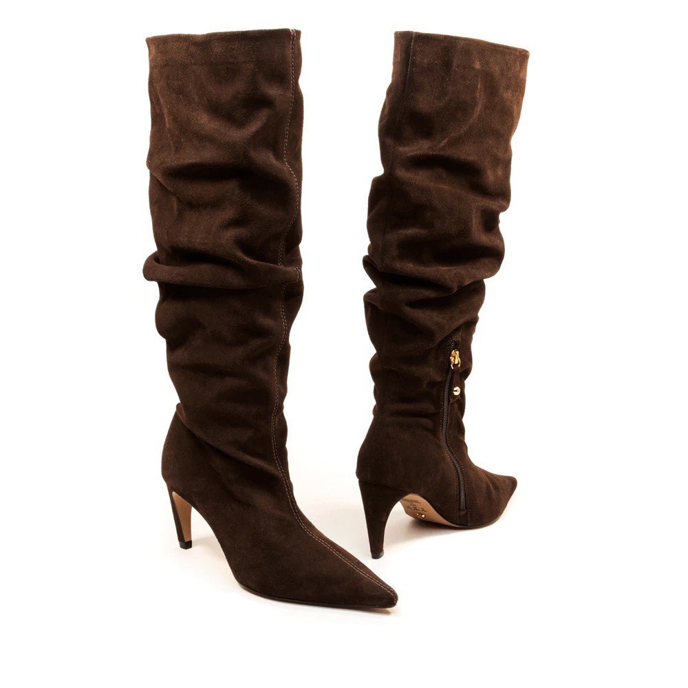 Bota Feminina Cecconello Salto Médio Fino Cano Alto Franzida Marrom 7