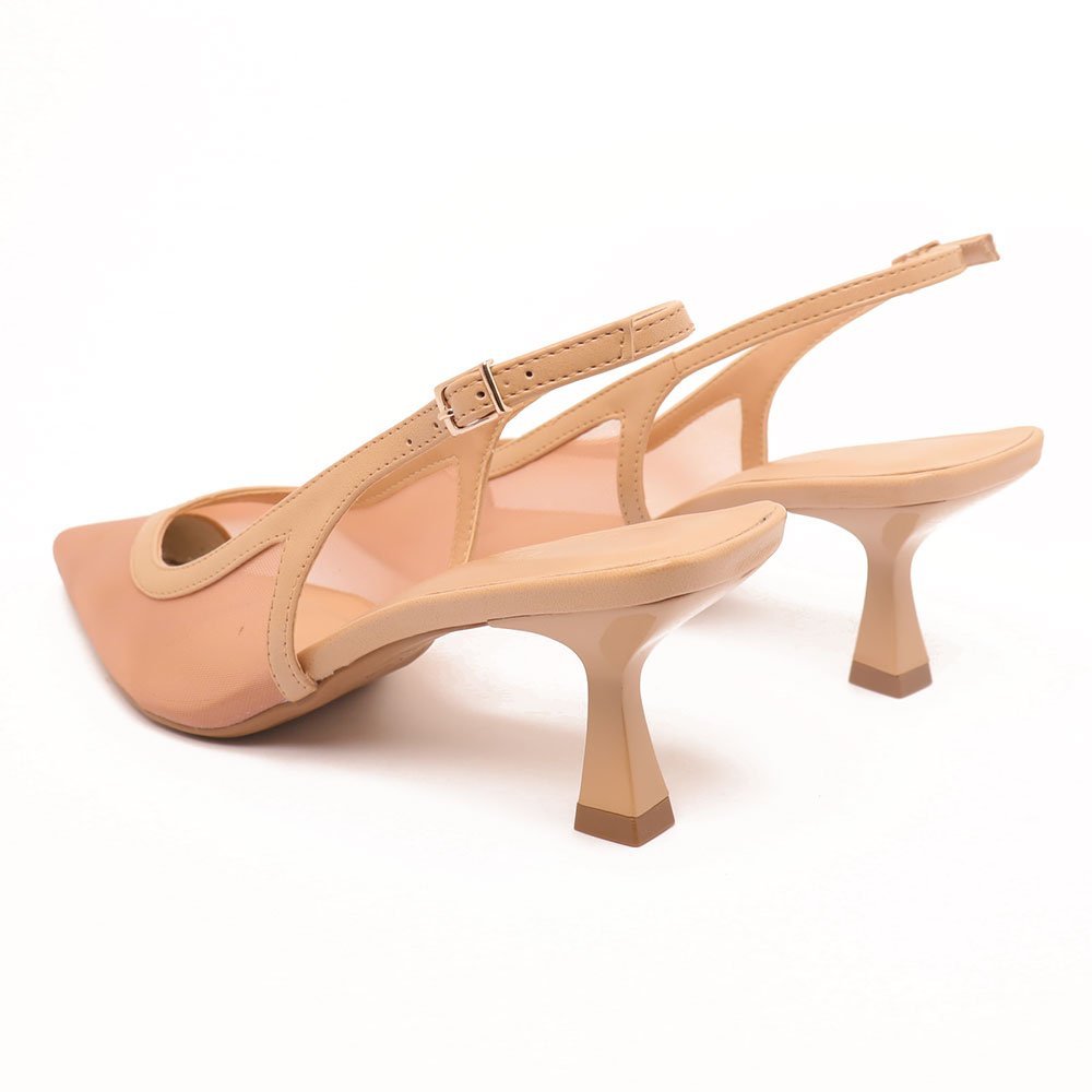 Slingback Sapato da Corte Tela Salto Médio Decote Em V Nude 4