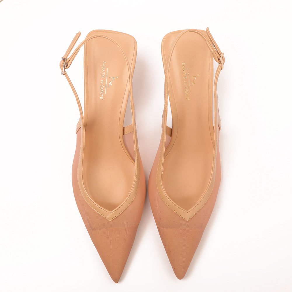 Slingback Sapato da Corte Tela Salto Médio Decote Em V Nude 5