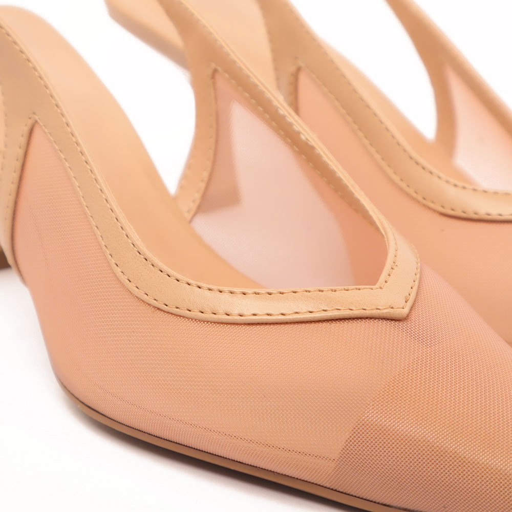 Slingback Sapato da Corte Tela Salto Médio Decote Em V Nude 8