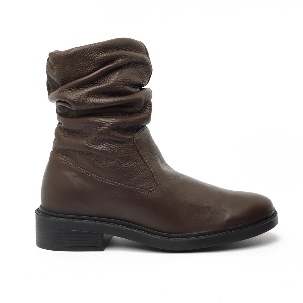 Bota Feminina Sapato Da Corte Salto Bloco Baixo Cano Franzido Couro