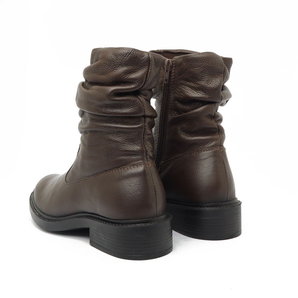 Bota Feminina Sapato Da Corte Salto Bloco Baixo Cano Franzido Couro Café 4