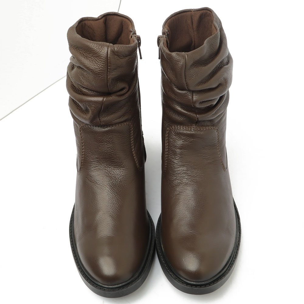 Bota Feminina Sapato Da Corte Salto Bloco Baixo Cano Franzido Couro Café 5