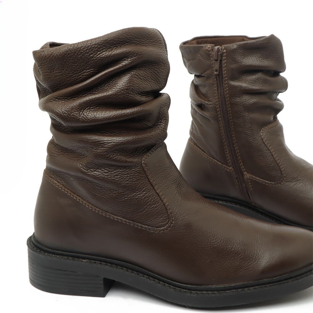 Bota Feminina Sapato Da Corte Salto Bloco Baixo Cano Franzido Couro Café 7