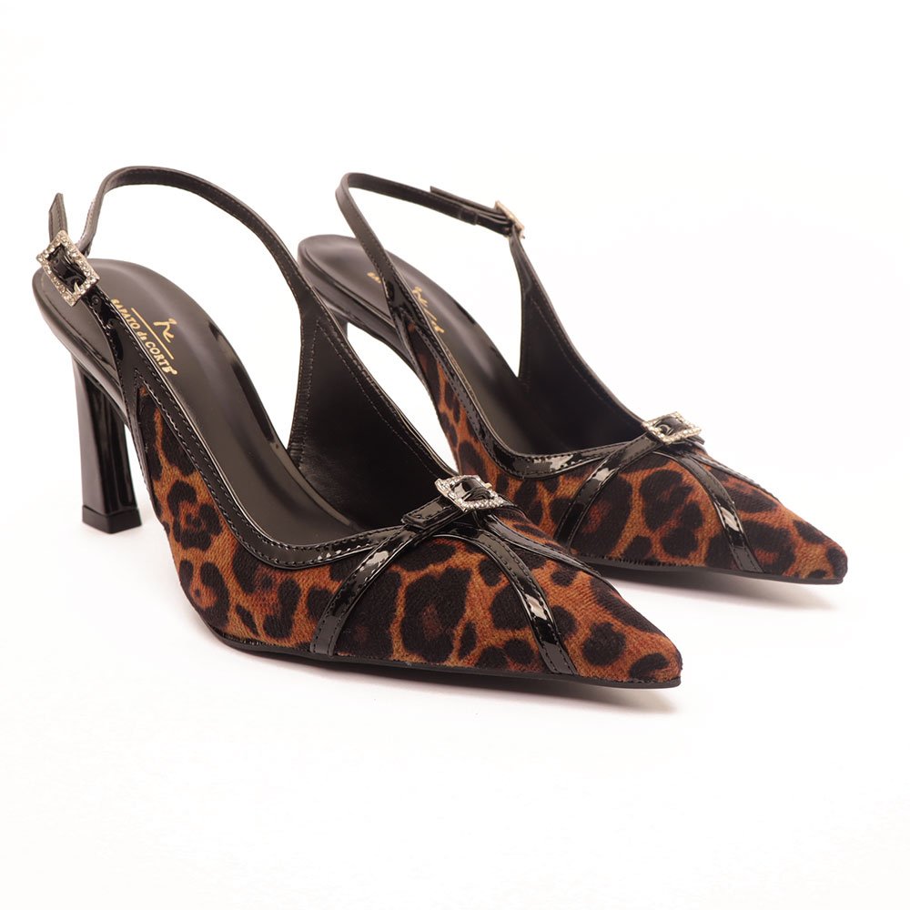 Slingback Sapato da Corte Salto Alto Fivela Strass Onça 3