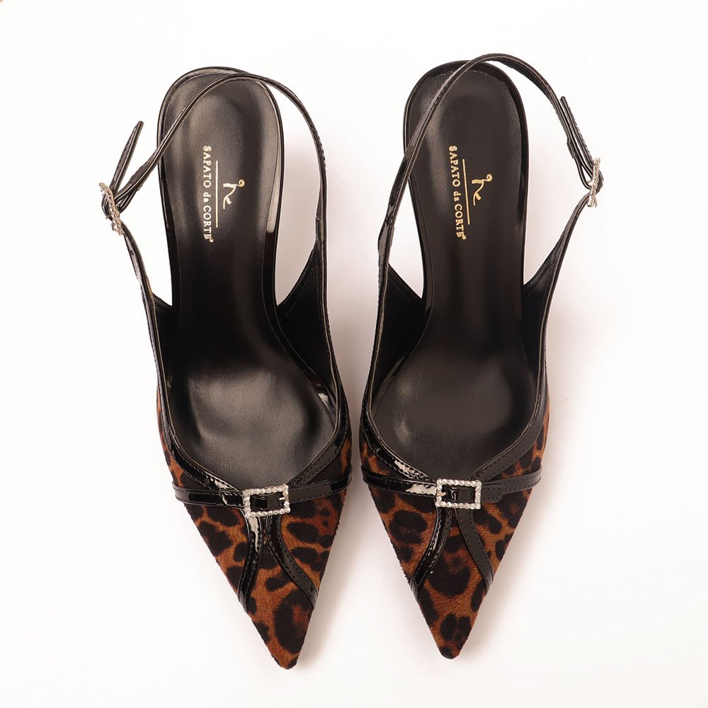 Slingback Sapato da Corte Salto Alto Fivela Strass Onça 5