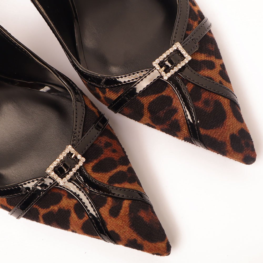 Slingback Sapato da Corte Salto Alto Fivela Strass Onça 7