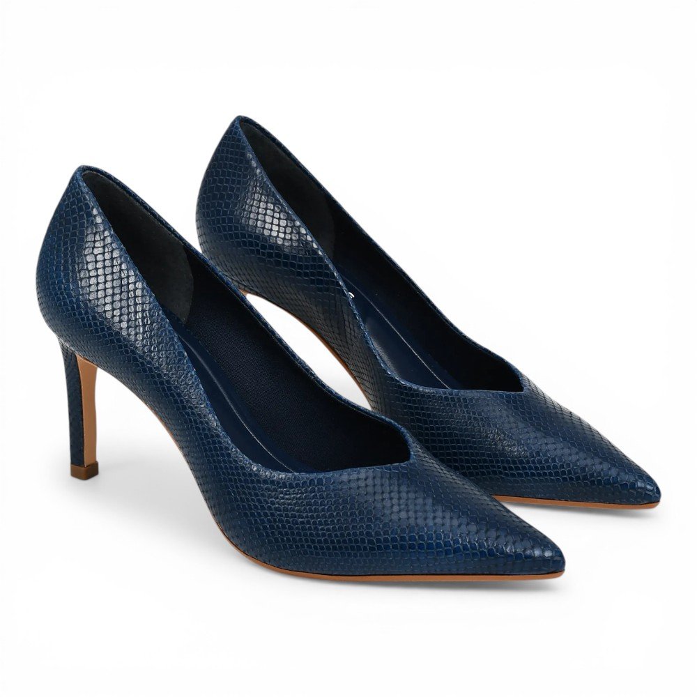 Scarpin Jorge Bischoff Salto Médio Bico Fino Couro Snake Azul Marinho 3