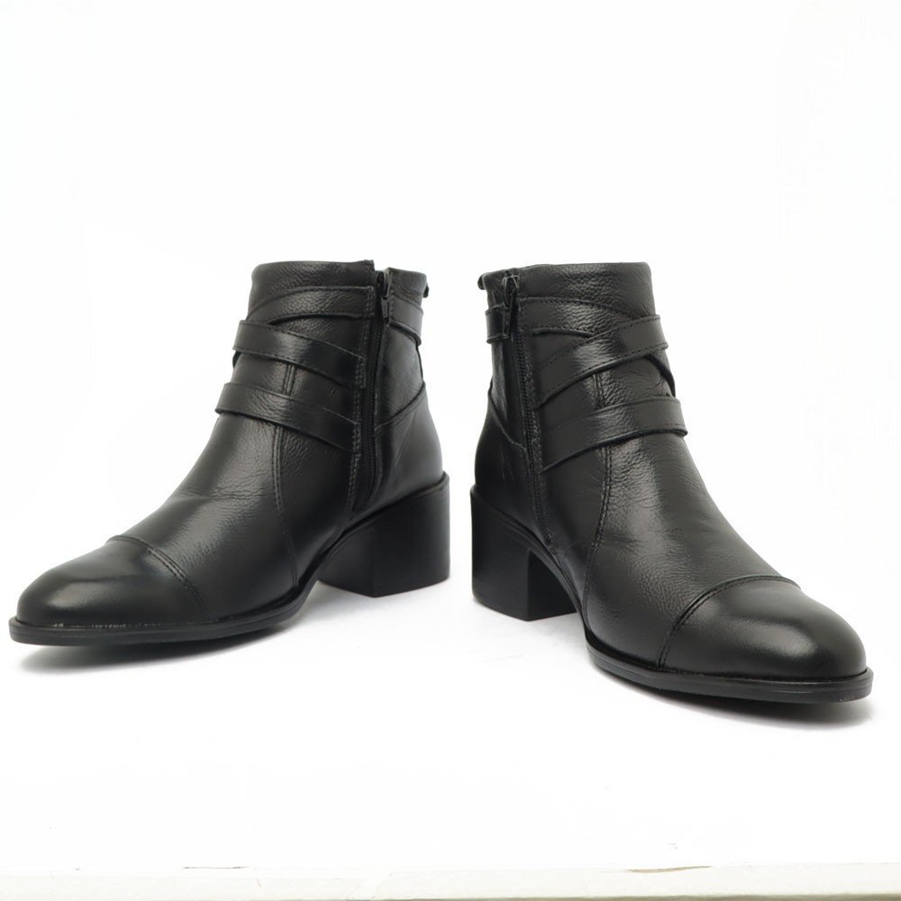 Bota Feminina Sapato Da Corte Couro Salto Bloco Médio Tiras Tranversais Preto 5
