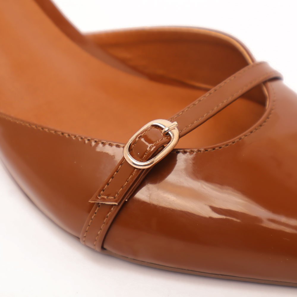 Scarpin Sapato da Corte Salto Anabela Médio Bico Fino Tornozelo Caramelo 8