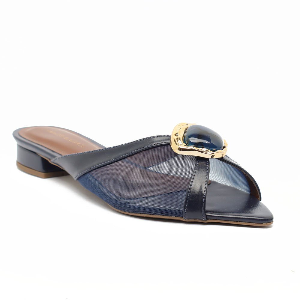 Mule Sapato da Corte Flat Tela Bico Folha Pedra Azul Marinho 2