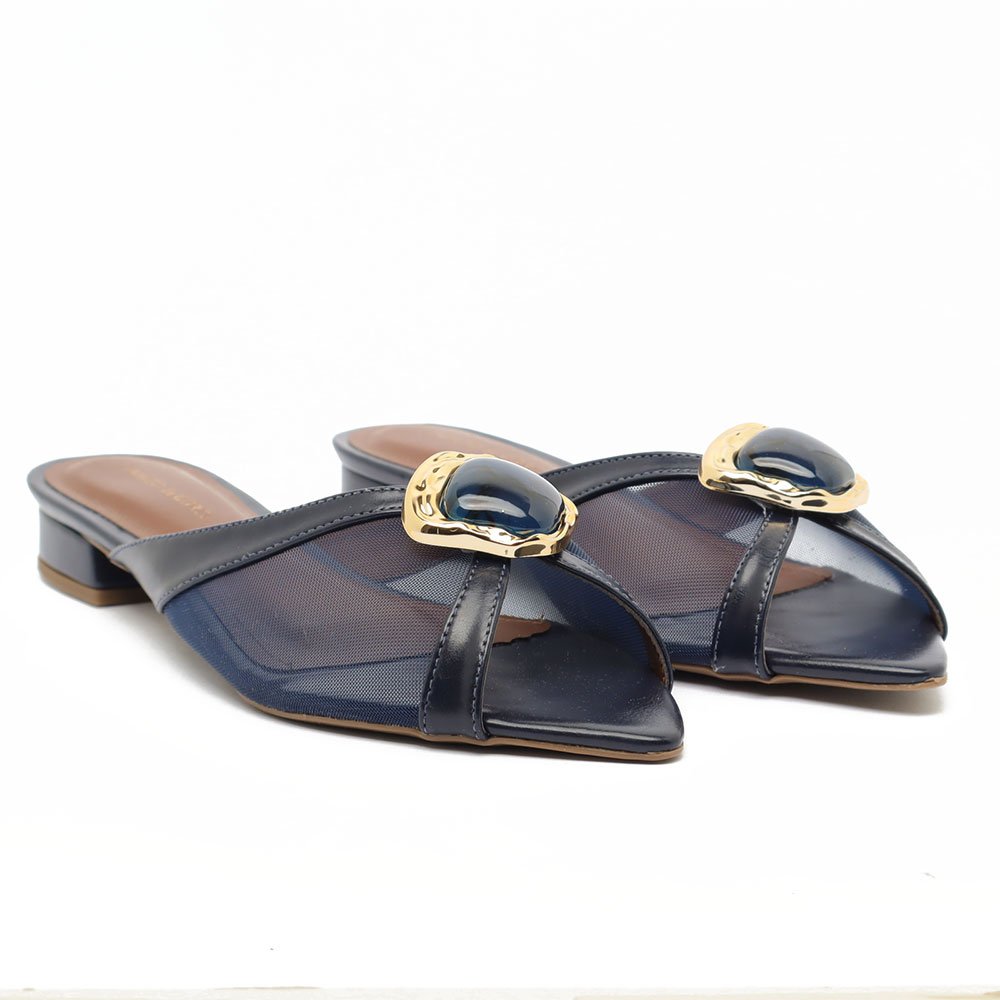 Mule Sapato da Corte Flat Tela Bico Folha Pedra Azul Marinho 3