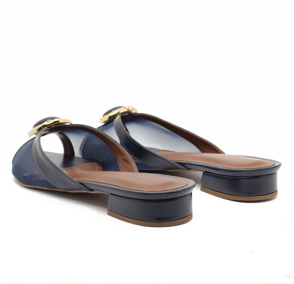 Mule Sapato da Corte Flat Tela Bico Folha Pedra Azul Marinho 4