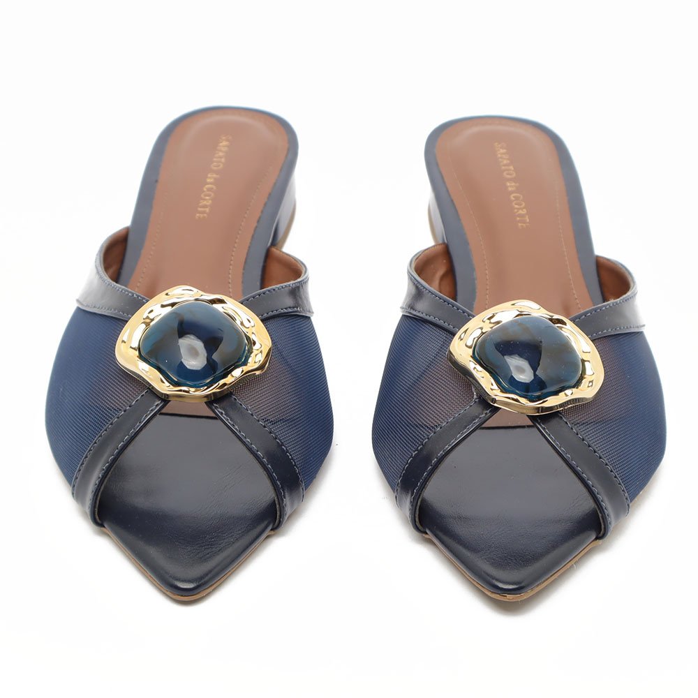 Mule Sapato da Corte Flat Tela Bico Folha Pedra Azul Marinho 5