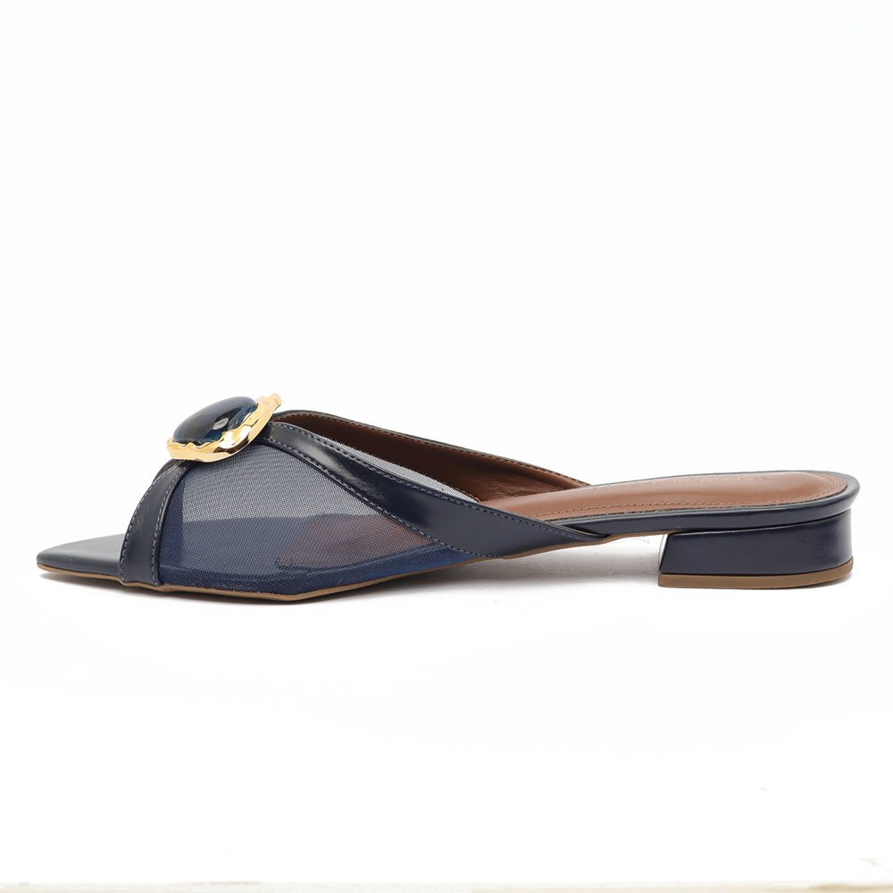 Mule Sapato da Corte Flat Tela Bico Folha Pedra Azul Marinho 6