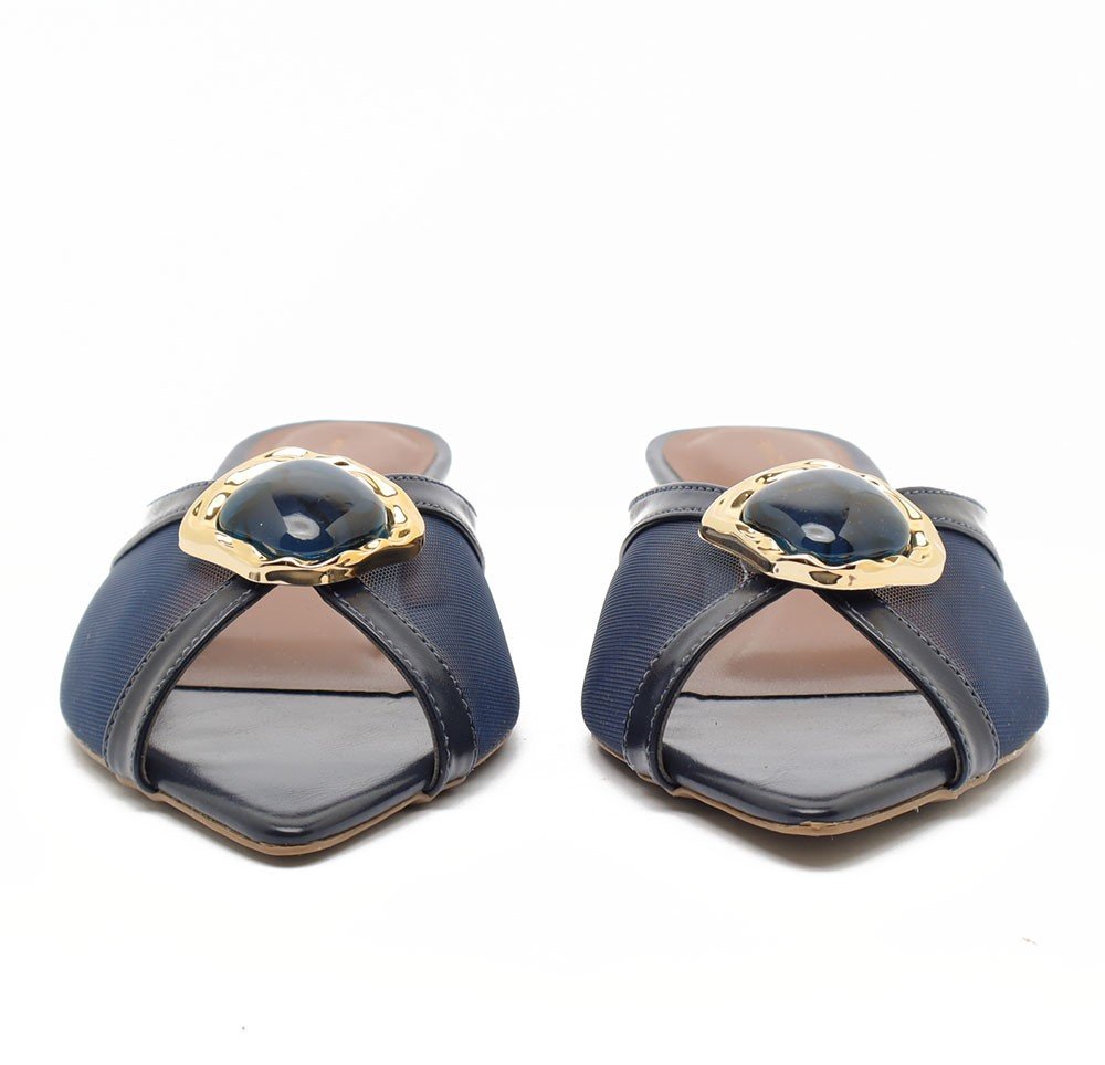 Mule Sapato da Corte Flat Tela Bico Folha Pedra Azul Marinho 7