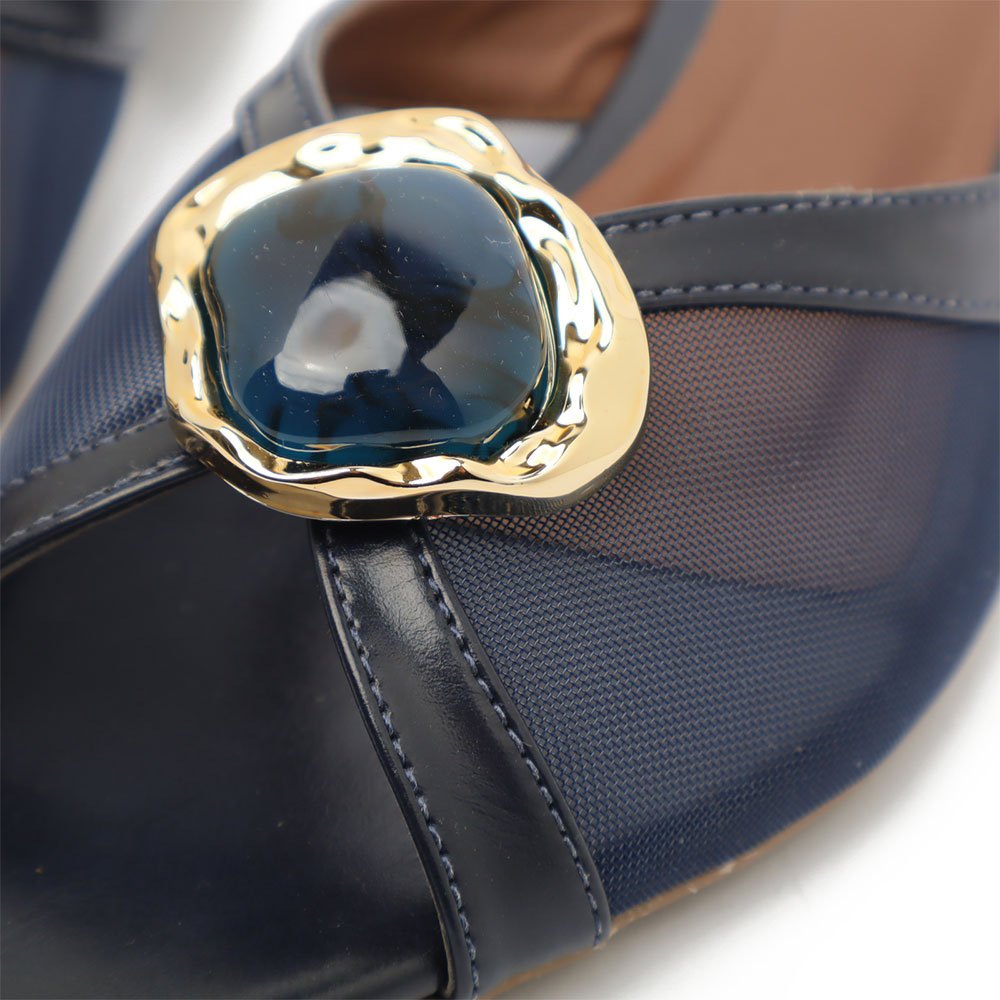 Mule Sapato da Corte Flat Tela Bico Folha Pedra Azul Marinho 8