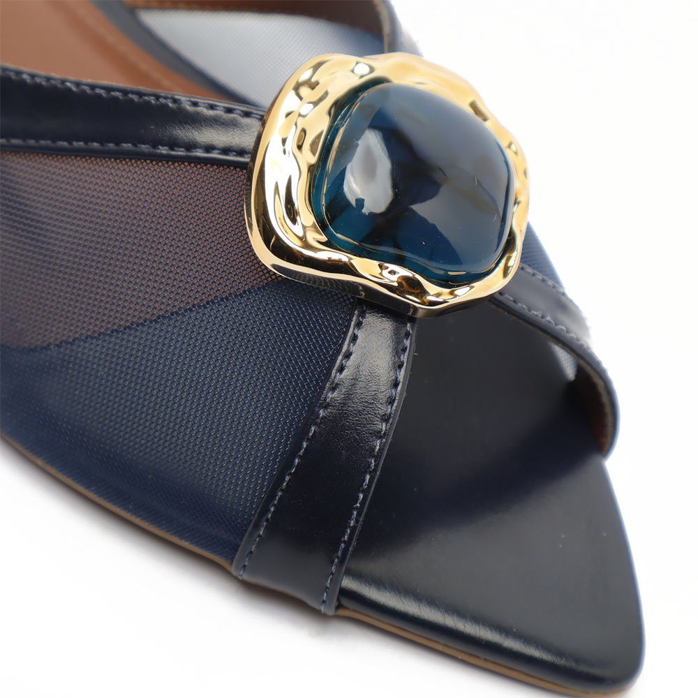 Mule Sapato da Corte Flat Tela Bico Folha Pedra Azul Marinho 9