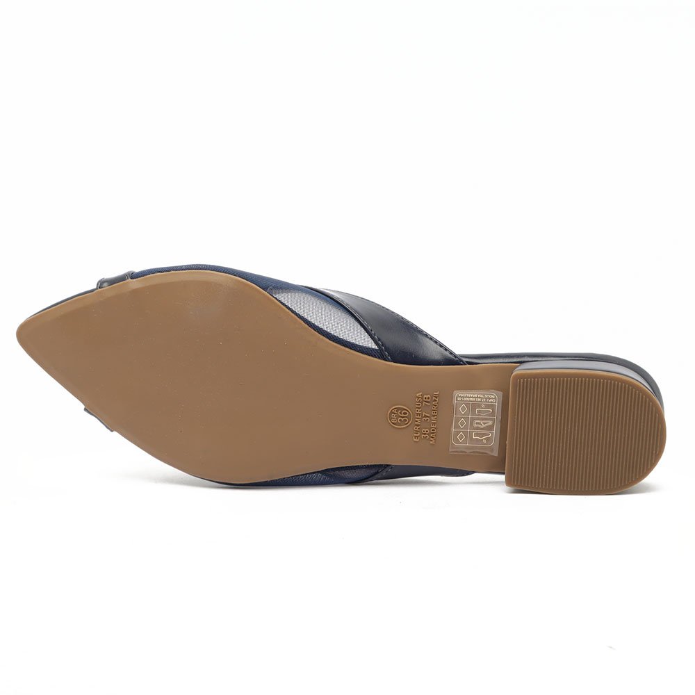 Mule Sapato da Corte Flat Tela Bico Folha Pedra Azul Marinho 10