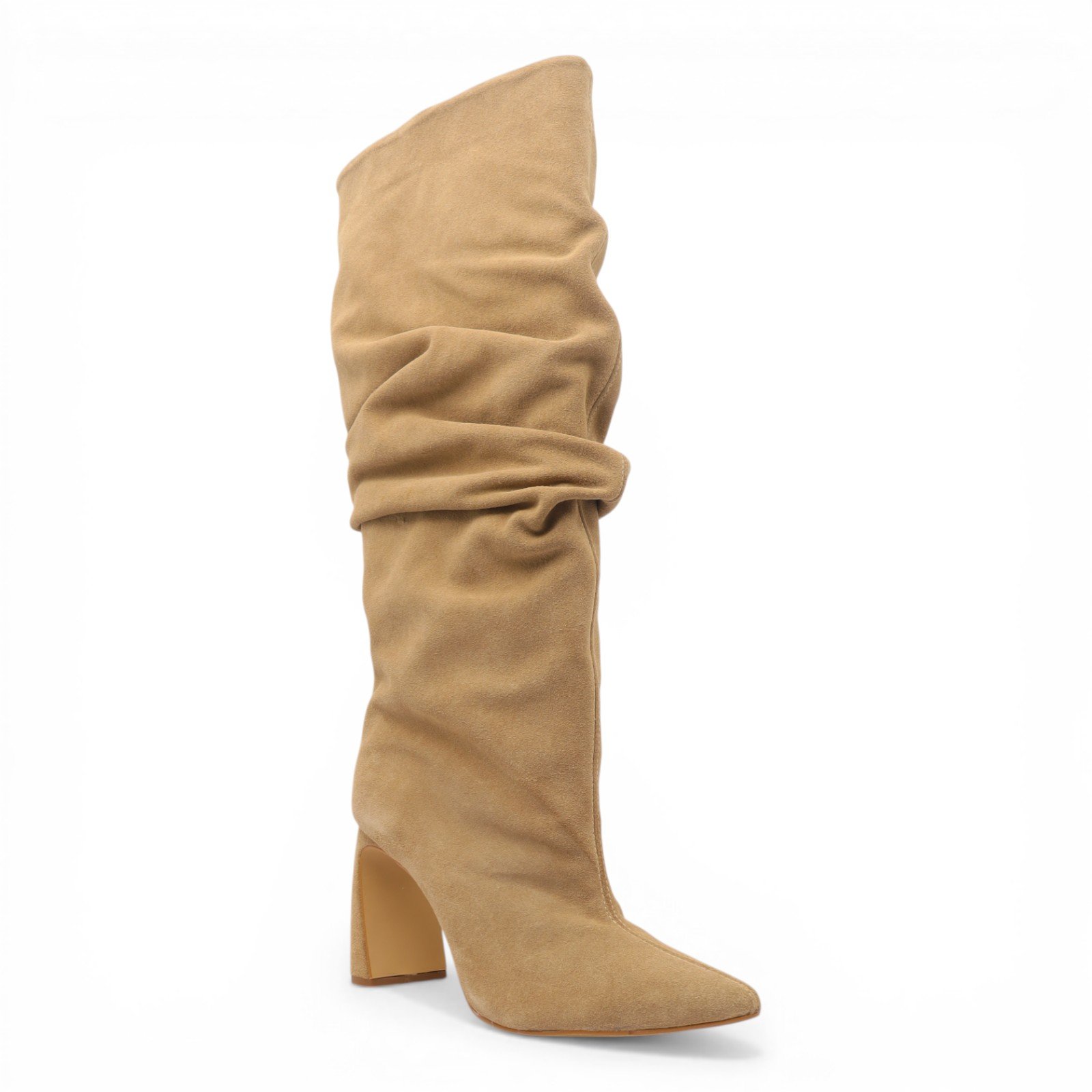 Bota Feminina Cecconello Salto Bloco Cano Alto Bico Fino Franzida Bege 2