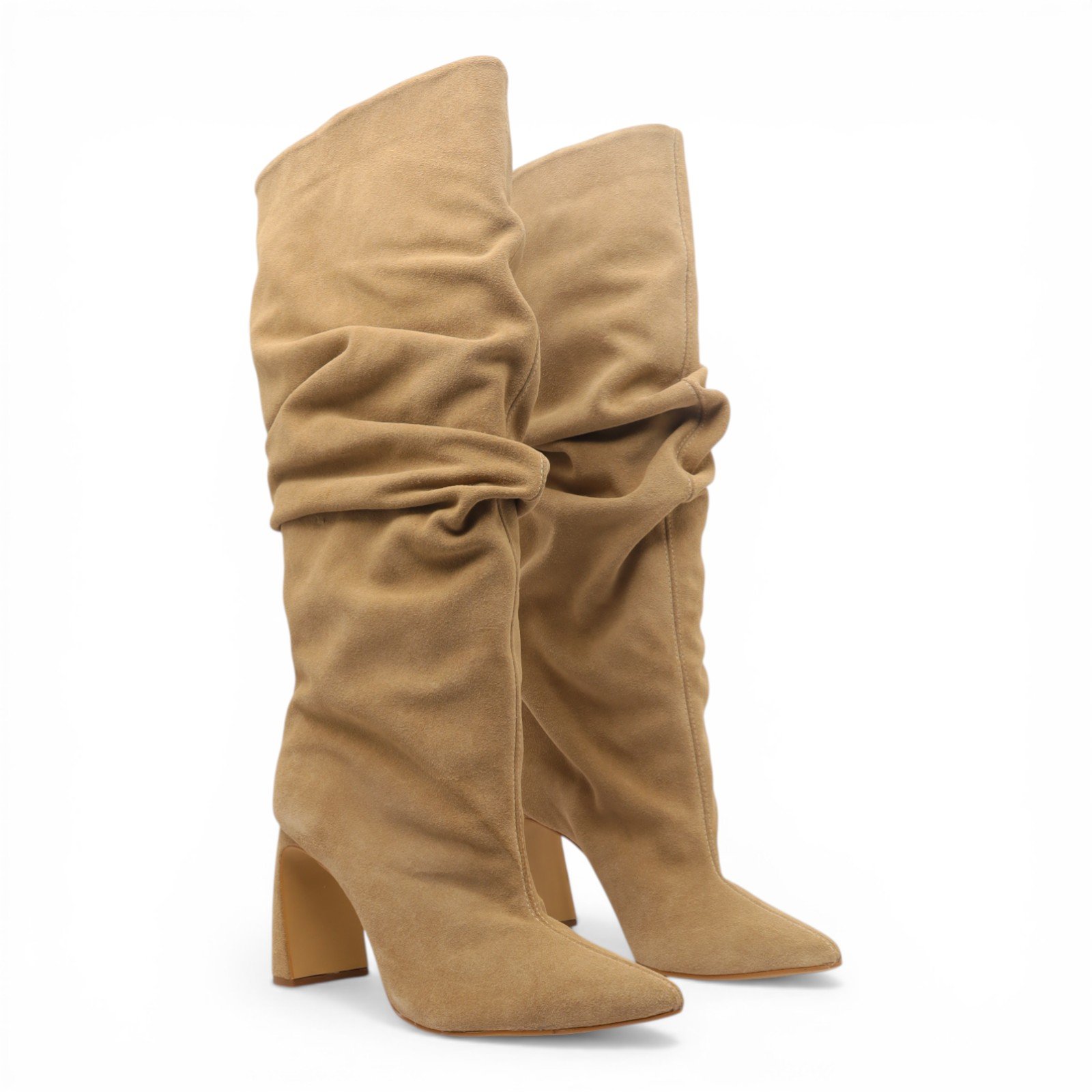 Bota Feminina Cecconello Salto Bloco Cano Alto Bico Fino Franzida Bege 3