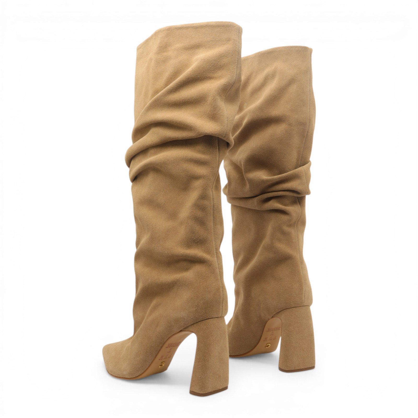 Bota Feminina Cecconello Salto Bloco Cano Alto Bico Fino Franzida Bege 4