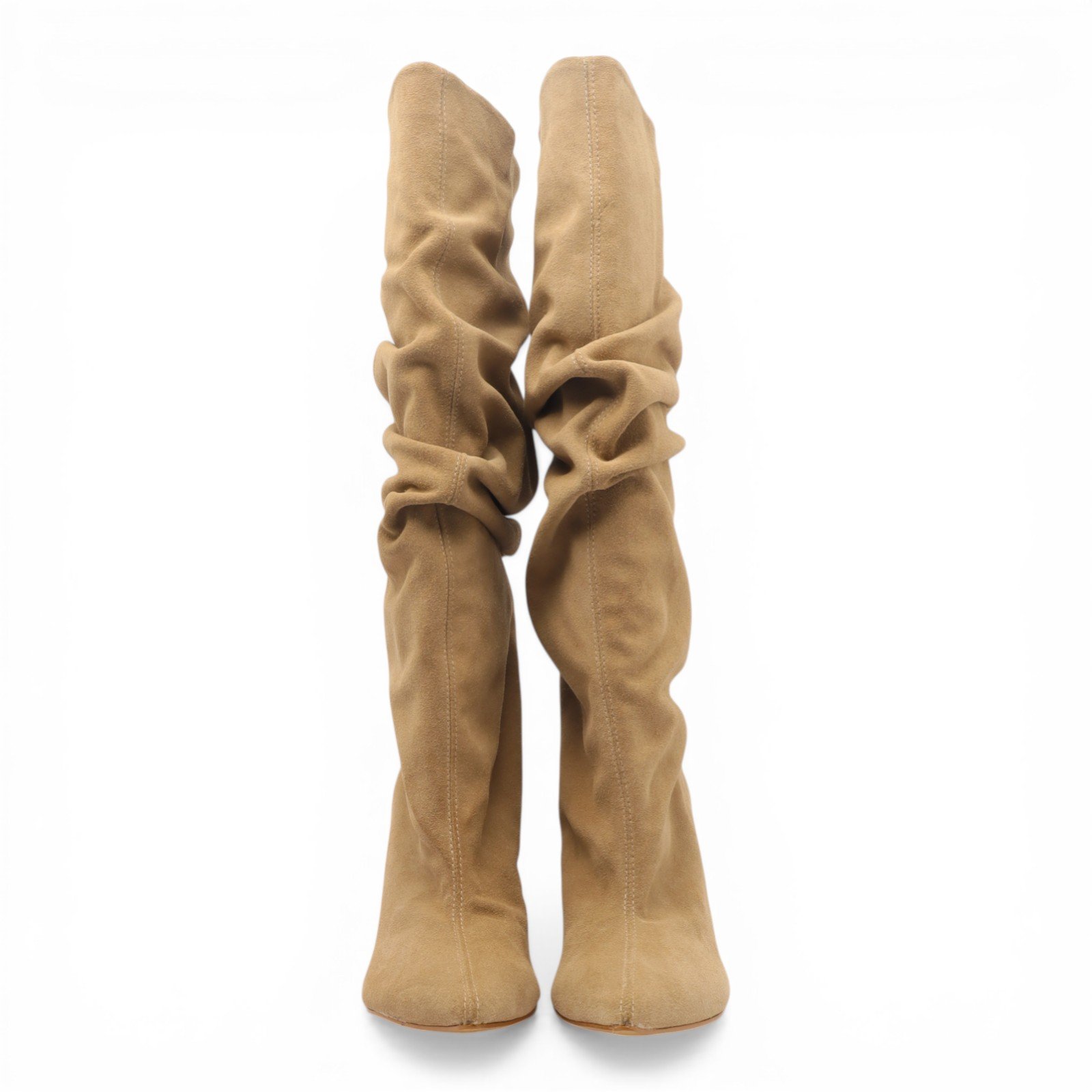 Bota Feminina Cecconello Salto Bloco Cano Alto Bico Fino Franzida Bege 5