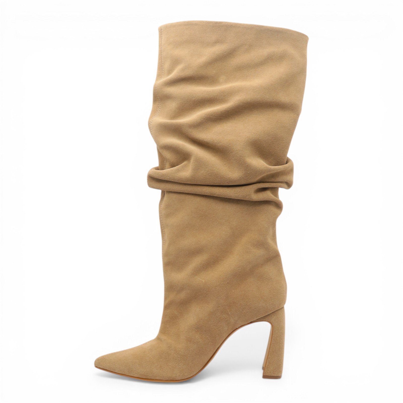 Bota Feminina Cecconello Salto Bloco Cano Alto Bico Fino Franzida Bege 6