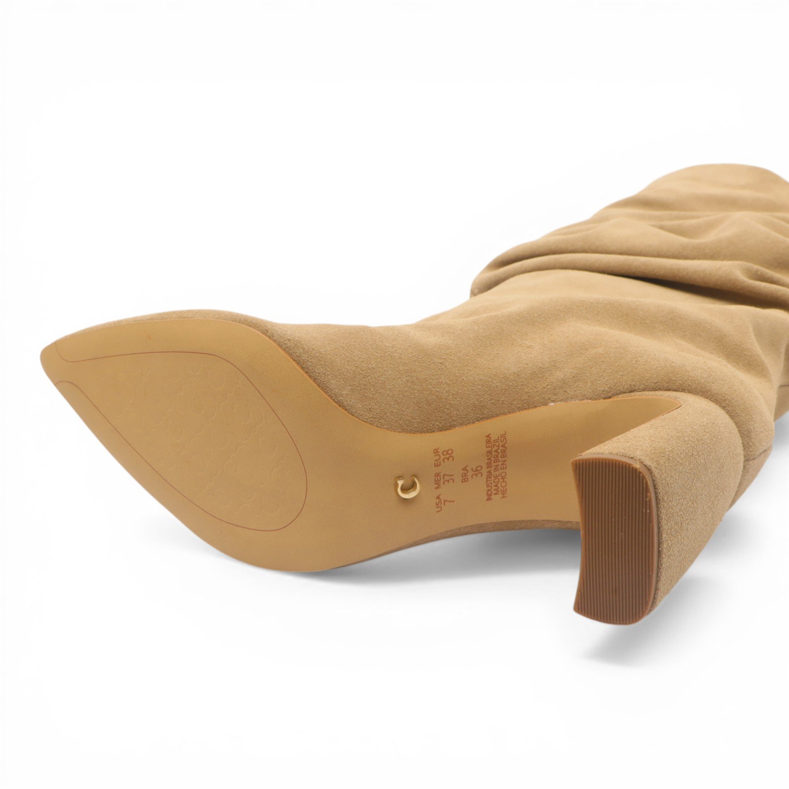 Bota Feminina Cecconello Salto Bloco Cano Alto Bico Fino Franzida Bege 8