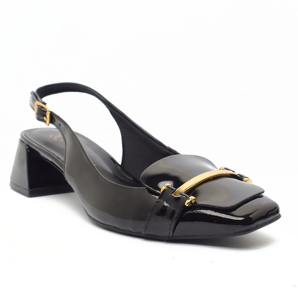 Slingback Giulia Domna Salto Bloco Baixo Detalhe Fivela Transversal Preto 2