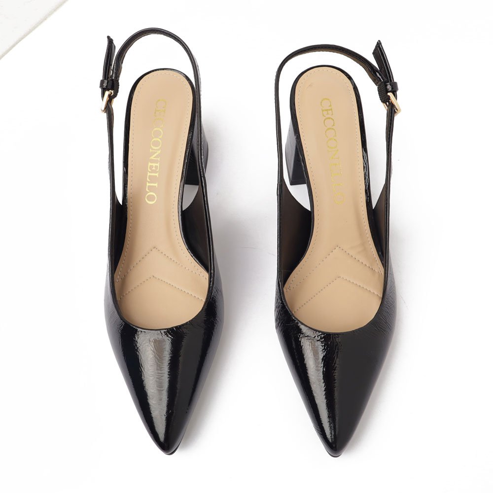 Slingback Cecconello Salto Bloco Médio Bico Fino Couro Preto 5