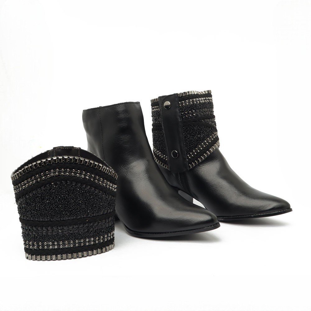 Bota Feminina Belluno Salto Bloco Médio Capa Removível Pedraria Preto 3