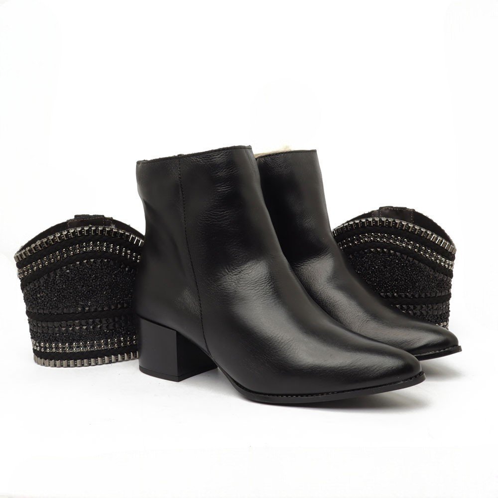 Bota Feminina Belluno Salto Bloco Médio Capa Removível Pedraria Preto 4