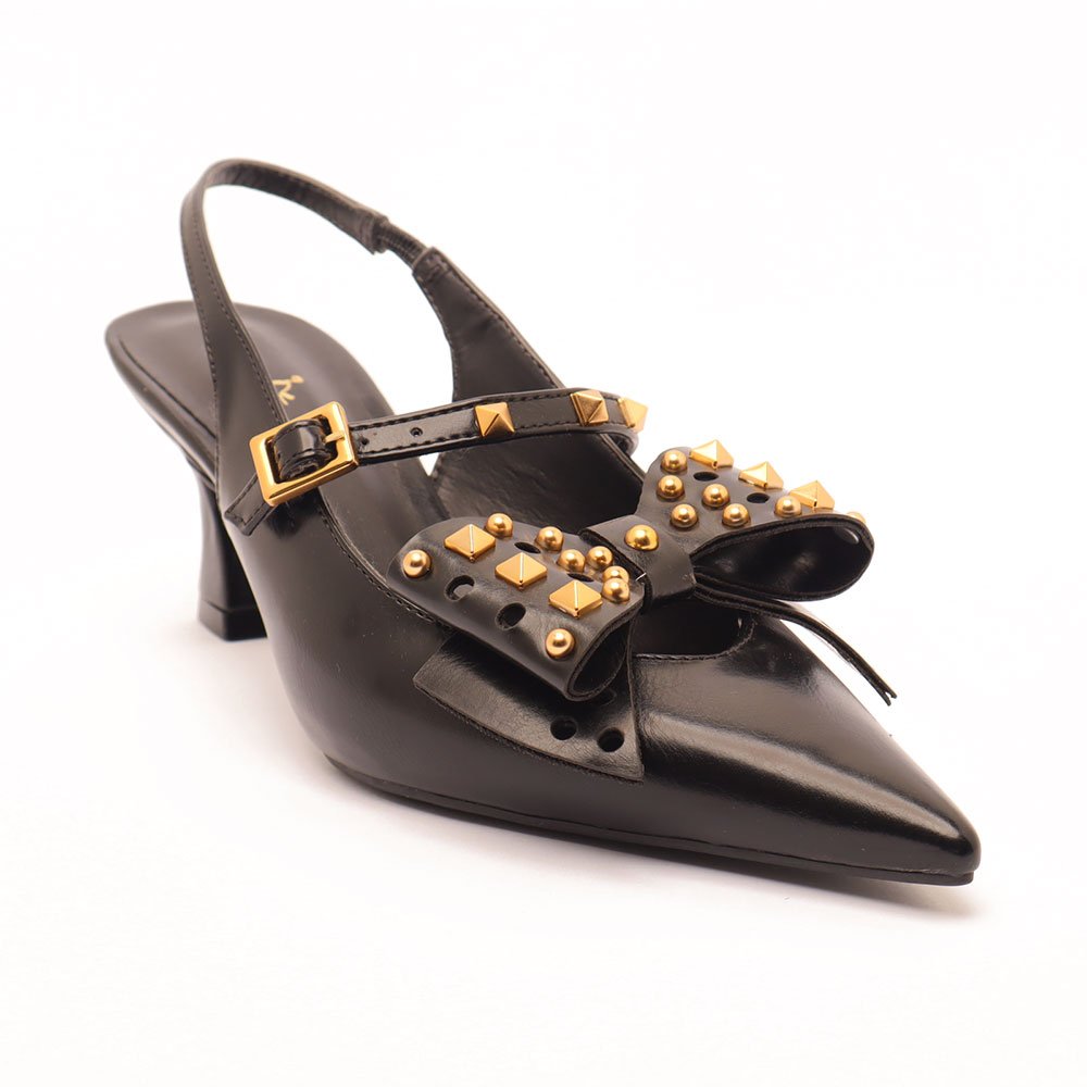 Scarpin Slingback Sapato da Corte Salto Médio Laço Spikes Tachas Preto 2