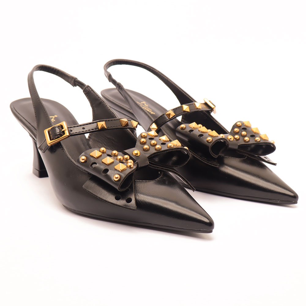 Scarpin Slingback Sapato da Corte Salto Médio Laço Spikes Tachas Preto 3
