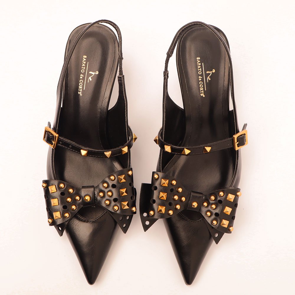Scarpin Slingback Sapato da Corte Salto Médio Laço Spikes Tachas Preto 5