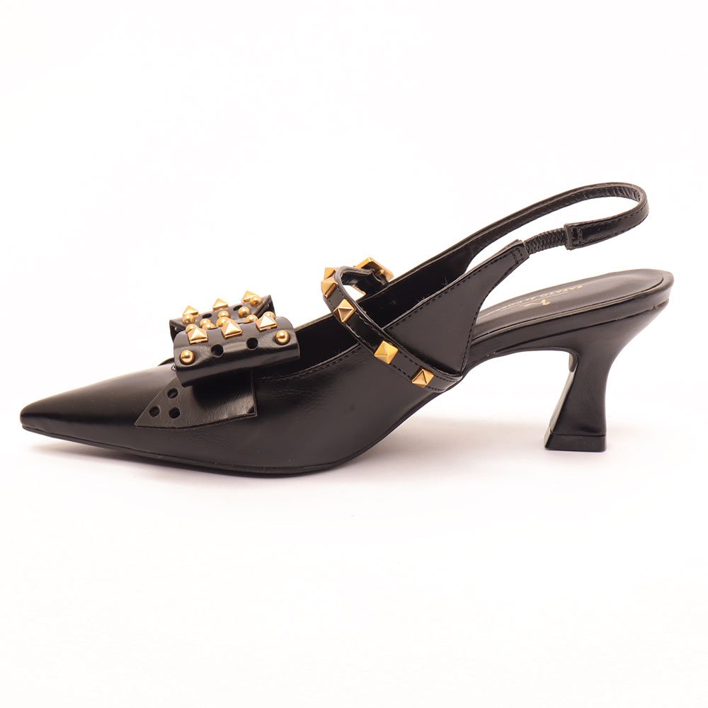 Scarpin Slingback Sapato da Corte Salto Médio Laço Spikes Tachas Preto 6