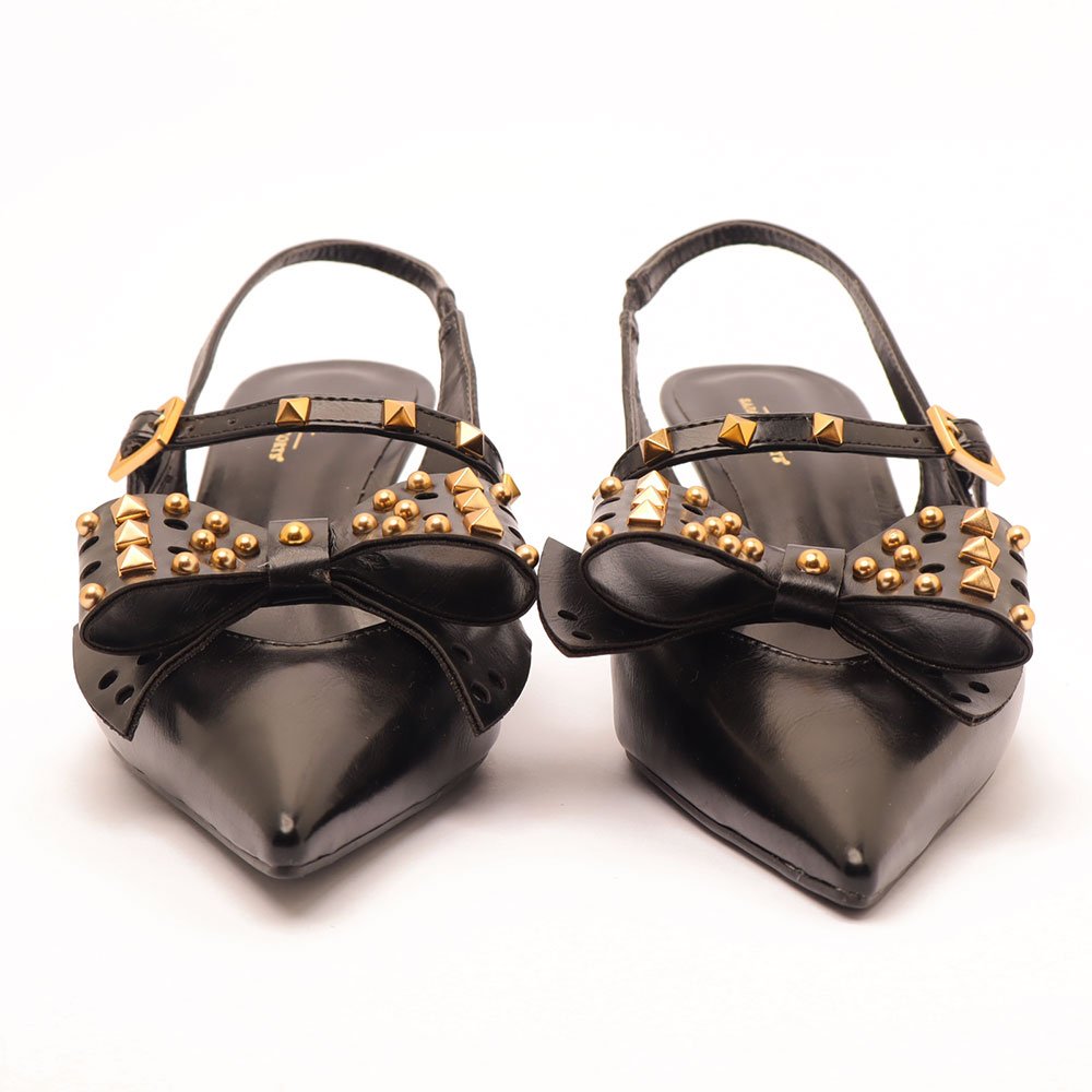 Scarpin Slingback Sapato da Corte Salto Médio Laço Spikes Tachas Preto 8