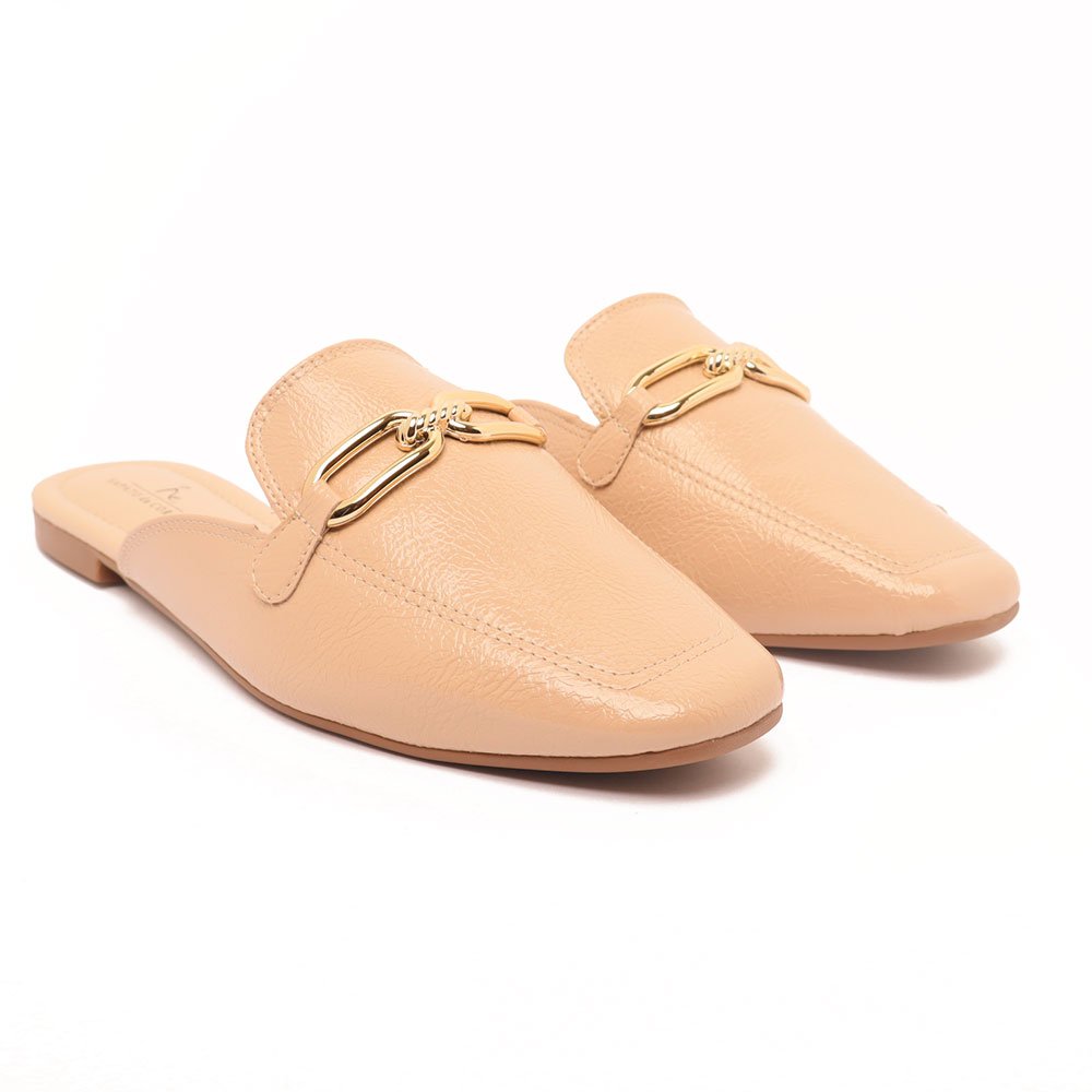 Mule Sapato da Corte Flat Mocassim Fivela Nude 3