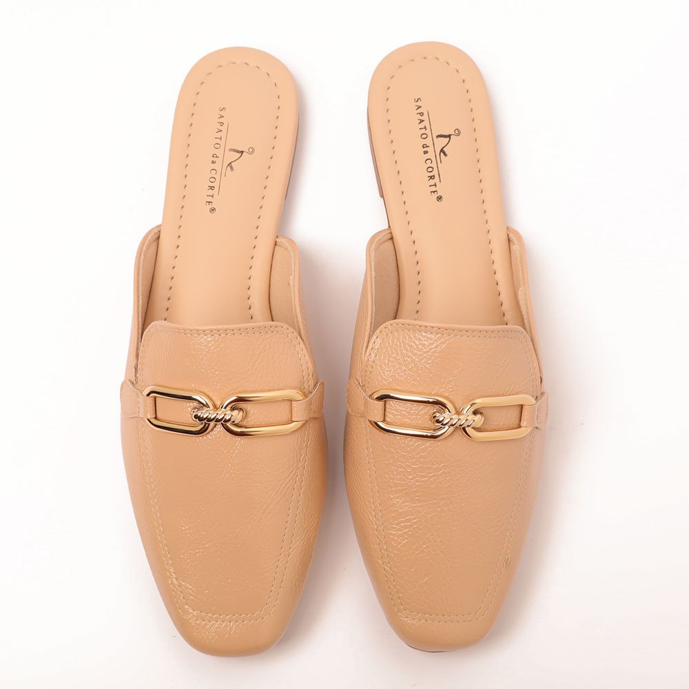 Mule Sapato da Corte Flat Mocassim Fivela Nude 5